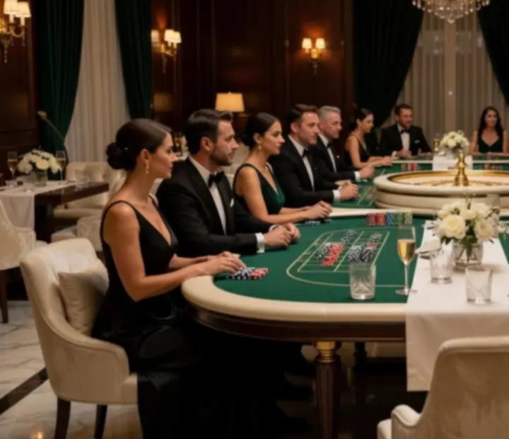 Elegantní večer s kasinovými stoly během společenské akce bez peněžních sázek
