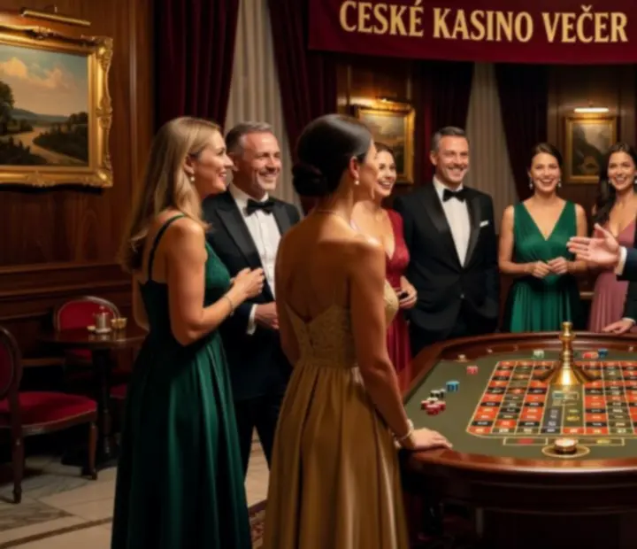 Tým krupiérů a hostesek během probíhající kasinové akce s hosty u herních stolů.