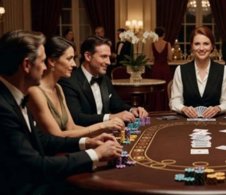 Pokerový večer s krupiérem a hosty u stolu