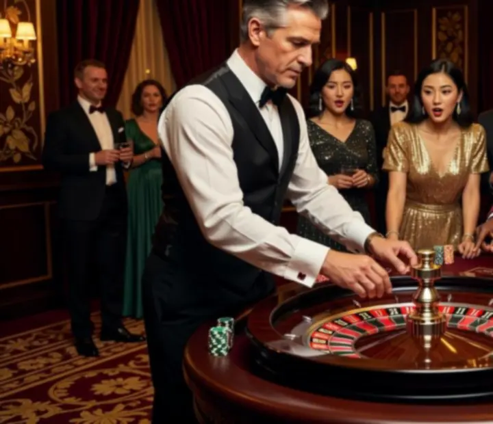 Ruleta na společenské akci s hosty sledujícími točící se kolo