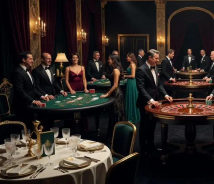 Luxusní VIP kasinový večer s hosty u pokerového stolu v elegantním prostředí